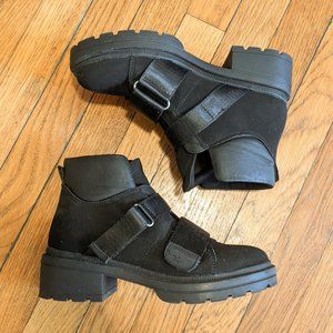 Platform lug sole chunky heel ankle boots, velcro straps, black, women's size 7